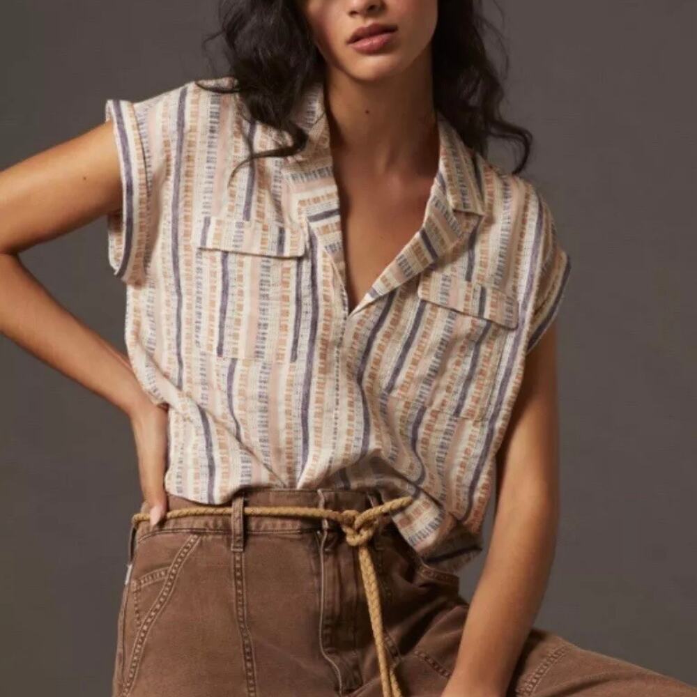 Anthropology Striped Beige and Blue Women's Top